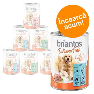Conservă Briantos Delicious Paté 400 g, Adult, White Fish & Peas, fără cereale, fără zahăr adăugat, fără arome artificiale. Text promoțional: Încearcă acum!
