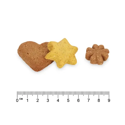 Három kutyakeksz szív, csillag és virág formában, vonalzóval a méret megadásához. A kekszek hossza kb. 3–5 cm.