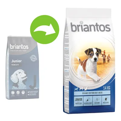 briantos Junior 14 kg koiranruokapakkaus uudistuu: vanha ja uusi pakkaus vierekkäin, vihreä nuoli osoittaa muutoksen. Molemmissa näkyy tuotteen nimi ja paino.