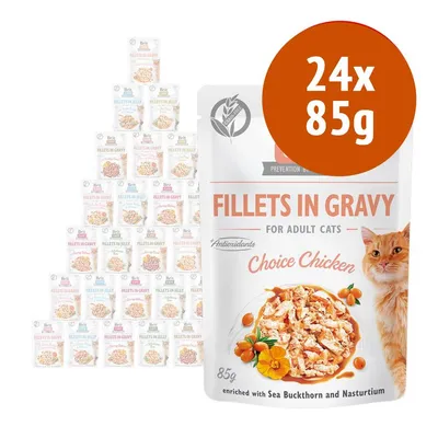 Brit Fillets in Gravy per gatti adulti, Choice Chicken, 24 bustine da 85g. Testo visibile: Antioxidants, enriched with Sea Buckthorn and Nasturtium.