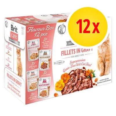 Brit Care Flavour Box 12 pezzi, Fillets in Gravy per gatti adulti, confezione con diverse buste visibili: Turkey, Chicken, Salmon. Evidenziato cerchio giallo con scritta 12x.