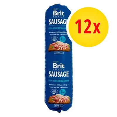 Brit Premium Sausage 95% Chicken & Lamb, confezione blu con scritta '12x' su cerchio giallo. Testo visibile: fonte naturale di collagene e Omega-3.