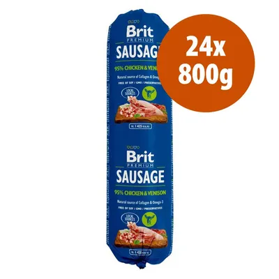 Brit Premium Sausage 95% Chicken & Venison, confezione da 24x800g. Testo visibile: fonte naturale di collagene e Omega-3, senza soia, OGM, conservanti, local sources.