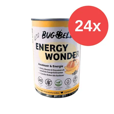 Konzerva BUGBELLA ENERGY WONDER, nápis 24x, viditelné texty: Ausdauer & Energie, Vegan, No added gluten, Plant based protein, Hypoallergenic, ilustrace dýně, banánu a chia semínek.