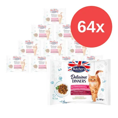 Confezione multipla da 64 buste di Butcher's Delicious Dinners per gatti, visibile scritta 'Chicken & Liver', 'Chicken & Beef', 4x100g su ogni confezione.