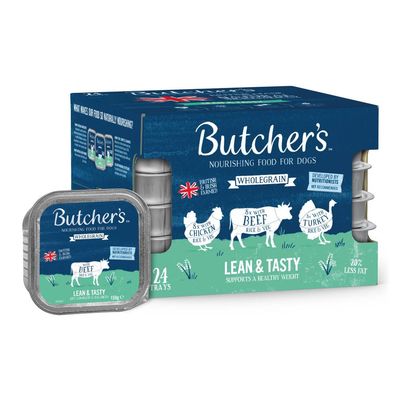 Butcher's Lean & Tasty wholegrain food, 24 trays with chicken, beef, and turkey varieties. Supports healthy weight, 20% less fat. Developed by nutritionists, British and Irish farmed.
