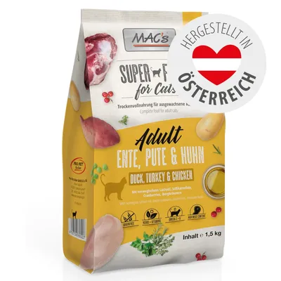 MAC's Super Food for Cats Adult Ente, Pute & Huhn, getreidefrei, mit norwegischem Lachsöl, Süßkartoffeln, Cranberries, Bergkräutern. Hergestellt in Österreich. Inhalt 1,5 kg.