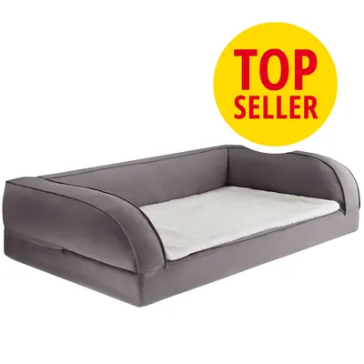 Cama para mascotas de color gris con base blanca. Texto visible: TOP SELLER en círculo amarillo, indicando producto más vendido.