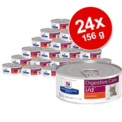24 dåser Hill's Prescription Diet Digestive Care i/d with Chicken kattemad, 156 g pr. dåse. Synlig tekst: CLINICAL NUTRITION, VETERINARY EXCLUSIVE.