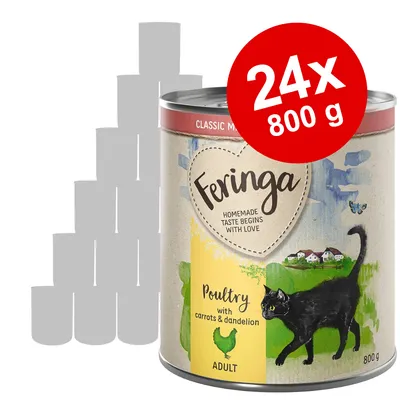 Feringa Poultry with carrots & dandelion ADULT 800 g dåsekattemad, pakke med 24 stk. Synlig tekst: HOMEMADE TASTE BEGINS WITH LOVE.