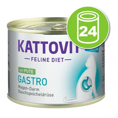 Kattovit Feline Diet Gastro mit Pute, boîte pour chat. Texte visible : Magen-Darm Bauchspeicheldrüse. Icône verte avec une conserve et le nombre 24. Kattovit Feline Diet Gastro mit Pute, boîte pour chat. Texte visible : Magen-Darm Bauchspeicheldrüse. Icône verte avec une conserve et le nombre 24.