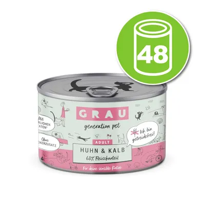 Lot de 48 boîtes GRAU generation pet ADULT Huhn & Kalb, 68 % Fleischanteil, sans céréales, pour chat sensible. Texte en allemand visible sur l’emballage. Lot de 48 boîtes GRAU generation pet ADULT Huhn & Kalb, 68 % Fleischanteil, sans céréales, pour chat sensible. Texte en allemand visible sur l’emballage.