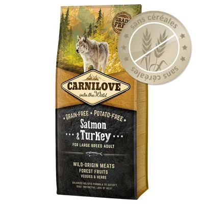 Sac Carnilove into the Wild, Salmon & Turkey pour grands chiens adultes, sans céréales, sans pommes de terre, viandes d’origine sauvage, fruits des bois, légumes et herbes. Texte en anglais. Sac Carnilove into the Wild, Salmon & Turkey pour grands chiens adultes, sans céréales, sans pommes de terre, viandes d’origine sauvage, fruits des bois, légumes et herbes. Texte en anglais.