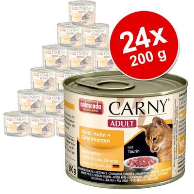 Set 24x200 g conserve animonda Carny Adult pentru pisici, Rind, Huhn + Entenherzen. Text vizibil: fără cereale, 100% ingrediente proaspete, Made in Germany, cu taurină. Set 24x200 g conserve animonda Carny Adult pentru pisici, Rind, Huhn + Entenherzen. Text vizibil: fără cereale, 100% ingrediente proaspete, Made in Germany, cu taurină.