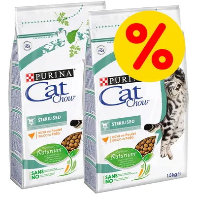 Två påsar Purina Cat Chow Sterilised torrfoder för katt, 1,5 kg, med synlig text: Riche en Poulet, Contient/Con Natrium, stor gul procent-symbol uppe till höger.