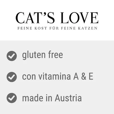 CAT'S LOVE, FEINE KOST FÜR FEINE KATZEN. gluten free, con vitamina A & E, made in Austria. Testo in parte in tedesco e inglese.