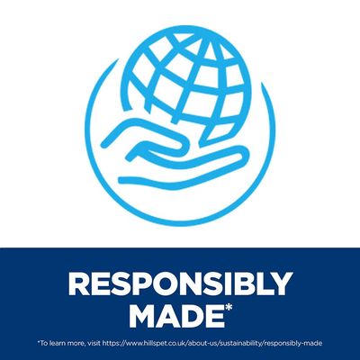 RESPONSIBLY MADE* (текст на английски). За повече информация посетете https://www.hillspet.co.uk/about-us/sustainability/responsibly-made