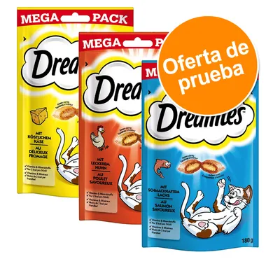 Tres bolsas Dreamies MEGA PACK 180 g: queso, pollo y salmón. Texto visible: 'Oferta de prueba'. Ingredientes y vitaminas en alemán y francés.