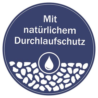 Mit natürlichem Durchlaufschutz. Symbol eines Wassertropfens über einer Schicht von Steinen.