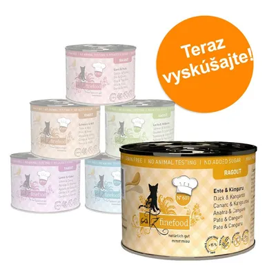 Konzervy catz finefood Ragout pre mačky, rôzne príchute. Viditeľný text: Ente & Känguru, GRAIN FREE, NO ANIMAL TESTING, NO ADDED SUGAR. Oranžový kruh s nápisom Teraz vyskúšajte! Konzervy catz finefood Ragout pre mačky, rôzne príchute. Viditeľný text: Ente & Känguru, GRAIN FREE, NO ANIMAL TESTING, NO ADDED SUGAR. Oranžový kruh s nápisom Teraz vyskúšajte!
