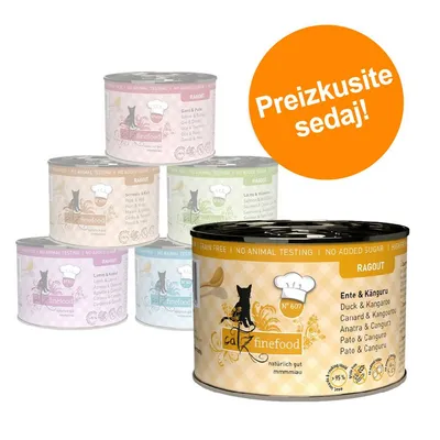 Več pločevink mačje hrane catz finefood Ragout, v ospredju okus raca in kenguru. Na oranžnem krogu besedilo: Preizkusite sedaj!