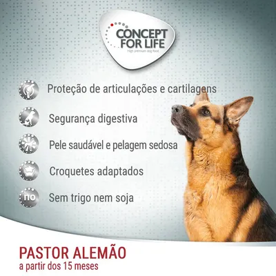 Concept for Life. Proteção de articulações e cartilagens, segurança digestiva, pele saudável e pelagem sedosa, croquetes adaptados, sem trigo nem soja. Pastor Alemão a partir dos 15 meses.