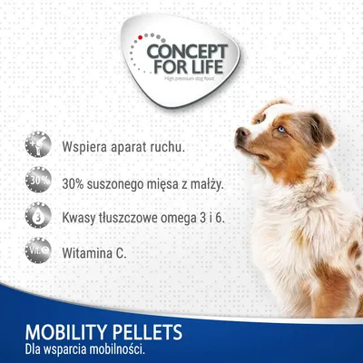 Concept for Life Mobility Pellets. Wspiera aparat ruchu, 30% suszonego mięsa z małży, kwasy tłuszczowe omega 3 i 6, witamina C. Dla wsparcia mobilności.