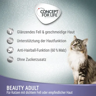 Concept for Life Beauty Adult. Lśniąca sierść, wsparcie funkcji skóry, funkcja przeciw kulom włosowym (60% słodu), bez dodatku cukru. Dla kotów z gęstą sierścią lub wrażliwą skórą.