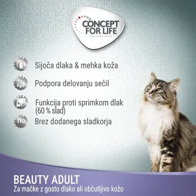 CONCEPT FOR LIFE. Sijoča dlaka & mehka koža, podpora delovanju sečil, funkcija proti sprimkom dlak (60 % slad), brez dodanega sladkorja. BEAUTY ADULT za mačke z gosto dlako ali občutljivo kožo.