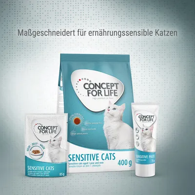 Concept for Life Sensitive Cats. Speciaal voor voedingsgevoelige katten. Producten: droogvoer 400g, natvoer 85g, pasta 75g.