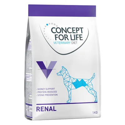 Concept for Life Veterinary Diet RENAL 1 kg. Texte visible : Kidney support, Protein-reduced, Stone prevention. Illustration de chien stylisé sur l’emballage.