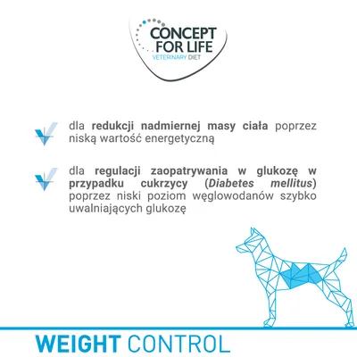 Concept for Life Veterinary Diet. Dla redukcji nadmiernej masy ciała i regulacji glukozy w przypadku cukrzycy poprzez niską wartość energetyczną i niski poziom węglowodanów. Weight Control.