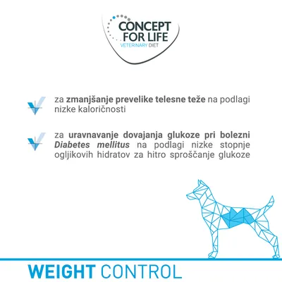 CONCEPT FOR LIFE VETERINARY DIET. Za zmanjšanje prevelike telesne teže na podlagi nizke kaloričnosti. Za uravnavanje dovajanja glukoze pri bolezni Diabetes mellitus. WEIGHT CONTROL.