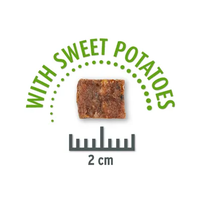 Prigrizek s sladkim krompirjem, velikost 2 cm. Besedilo: 'With Sweet Potatoes'.