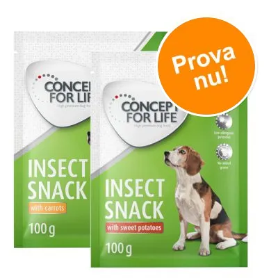 CONCEPT FOR LIFE INSECT SNACK with carrots 100 g och INSECT SNACK with sweet potatoes 100 g. Orange cirkel med texten Prova nu! Bild på hund på förpackningen.