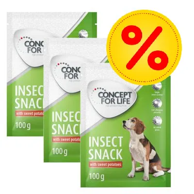 Tre påsar Concept for Life Insect Snack with sweet potatoes 100 g, bild på hund och gul rabattmärke med procenttecken.