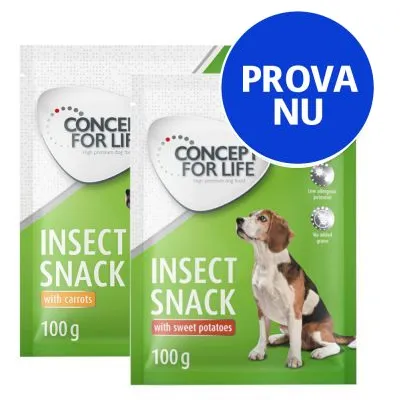 CONCEPT FOR LIFE INSECT SNACK with carrots 100 g, INSECT SNACK with sweet potatoes 100 g. PROVA NU. Bild på hund på förpackningarna.