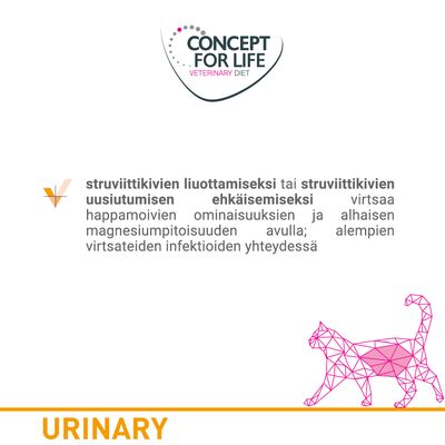 CONCEPT FOR LIFE VETERINARY DIET. Struviittikivien liuottamiseksi tai uusiutumisen ehkäisemiseksi, virtsaa happamoivat ominaisuudet ja alhainen magnesium, alempien virtsateiden infektioissa. URINARY.