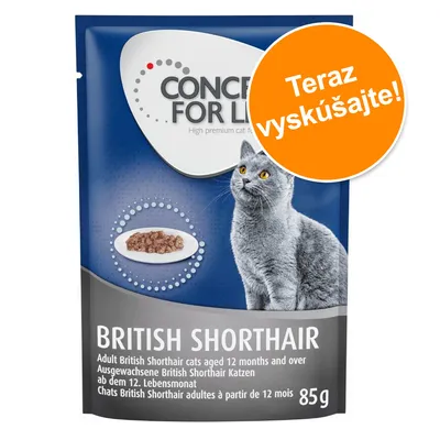Kapsička CONCEPT FOR LIFE BRITISH SHORTHAIR, 85 g, s obrázkom mačky a nápisom „Teraz vyskúšajte!“ na oranžovom kruhu. Text: Adult British Shorthair cats aged 12 months and over.