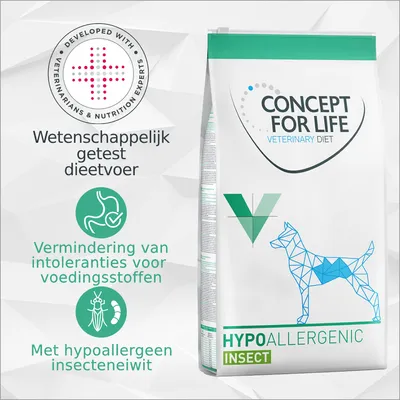 CONCEPT FOR LIFE VETERINARY DIET hypoallergeen insect hondenvoer, wetenschappelijk getest dieetvoer, vermindering van intoleranties voor voedingsstoffen, met hypoallergeen insecteneiwit.