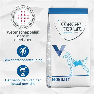 Concept for Life Veterinary Diet Mobility hondenvoer. Wetenschappelijk getest dieetvoer, gewrichtsondersteuning, het behouden van het ideaal gewicht. Ontwikkeld met dierenartsen.