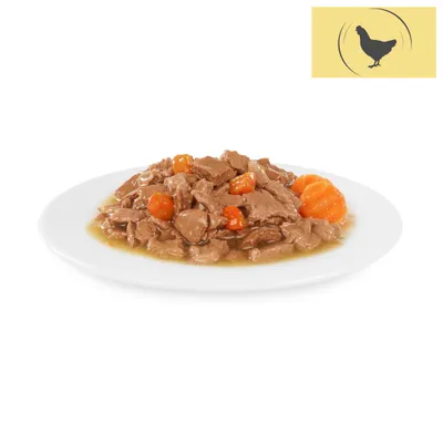 Nahaufnahme von Nassfutter mit Hühnerfleisch und Karotten auf einem weissen Teller. Symbol eines Huhns oben rechts im Bild.