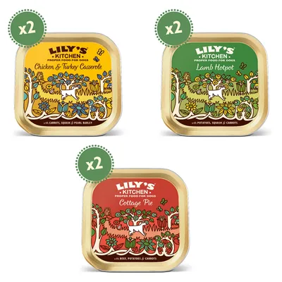 Pack contains 2 Chicken & Turkey Casserole with carrots, squash and pearl barley, 2 Lamb Hotpot with potatoes, squash and carrots, and 2 Cottage Pie with beef, potatoes and carrots.