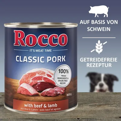 Rocco Classic Pork, 800 g, avec bœuf et agneau. Texte visible : 100% fresh ingredients & grain-free recipe. Auf Basis von Schwein, getreidefreie Rezeptur.