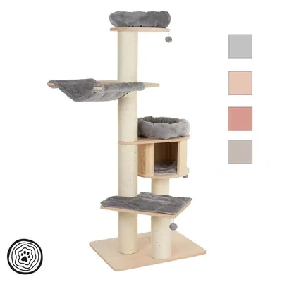 Arbre à chat en bois avec griffoirs, trois plateformes rembourrées grises, une niche, un hamac et deux balles suspendues. Quatre options de couleur visibles à droite.