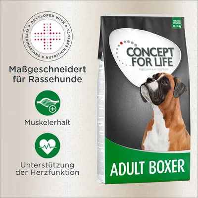 Concept for Life Adult Boxer Hundefutter, massgeschneidert für Rassehunde. Unterstützt Muskelerhalt und Herzfunktion. Entwickelt mit Tierärzten und Ernährungsexperten. Concept for Life Adult Boxer Hundefutter, massgeschneidert für Rassehunde. Unterstützt Muskelerhalt und Herzfunktion. Entwickelt mit Tierärzten und Ernährungsexperten.