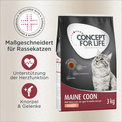 CONCEPT FOR LIFE Maine Coon saumon 3 kg, croquettes pour chats adultes. Texte en allemand : soutien de la fonction cardiaque, protection des cartilages et articulations, adapté aux chats de race.