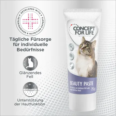 CONCEPT FOR LIFE Beauty Paste 75g, texte en allemand : soins quotidiens pour besoins individuels, pelage brillant, soutien de la fonction cutanée. Pour chats à poil dense ou peau sensible.