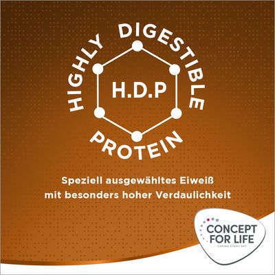 Highly Digestible Protein (H.D.P). Speziell ausgewähltes Eiweiss mit besonders hoher Verdaulichkeit. Concept for Life Caring Every Day.