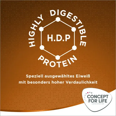 Highly Digestible Protein (H.D.P). Speziell ausgewähltes Eiweiss mit besonders hoher Verdaulichkeit. Concept for Life Caring Every Day.